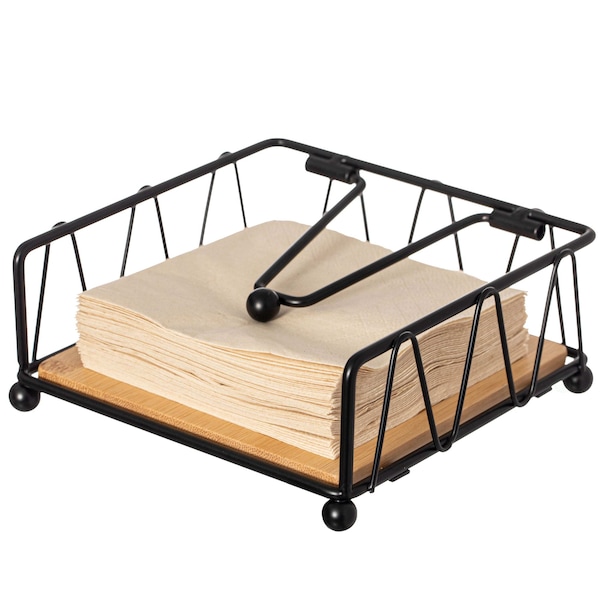 Basicwise Flat Metal Square Napkin Holder with Weighted Arm and a Wooden Tray Perfect for Adorning - QI004650