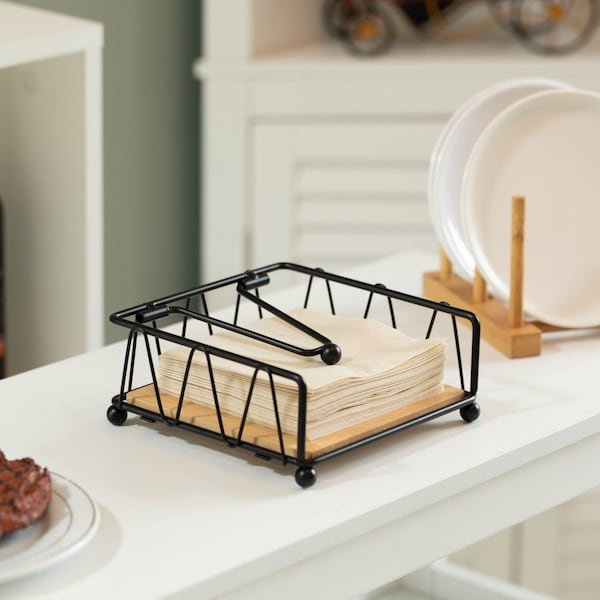 Basicwise Flat Metal Square Napkin Holder with Weighted Arm and a Wooden Tray Perfect for Adorning - QI004650