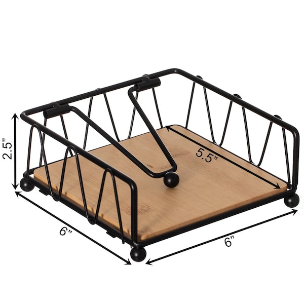 Basicwise Flat Metal Square Napkin Holder with Weighted Arm and a Wooden Tray Perfect for Adorning - QI004650