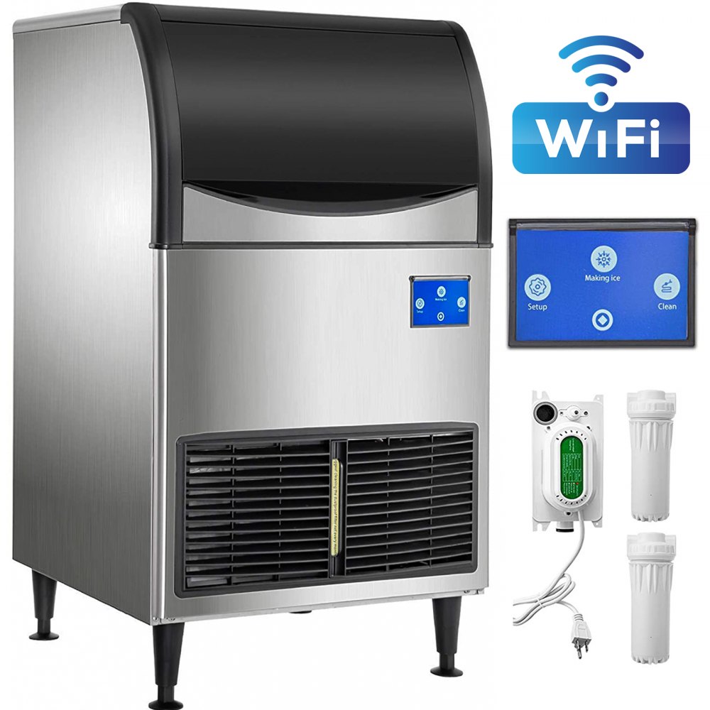VEVOR Máquina para hacer hielo comercial, control WiFi 177LBS/24H 121LBS Máquina de hielo de almacenamiento grande con panel LCD mejorado, compresor SECOP, refrigerado por aire, incluye 2 filtros de agua, bomba de drenaje de agua, 2 cucharadas - ZNFBZBJDB175A0001V1