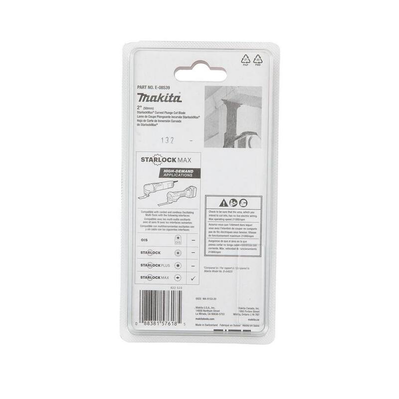 Herramienta multiusos oscilante Makita StarlockMax de 2 pulgadas con hoja curva de inmersión bi-metal para corte de madera y metal - E-08539