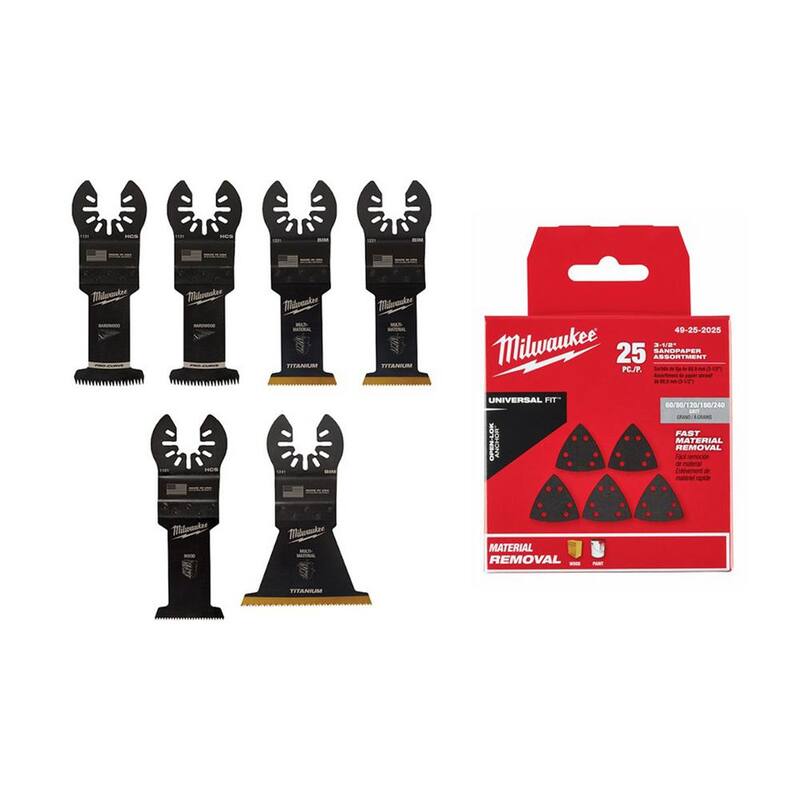 Kit inicial de hojas para herramienta multifunción oscilante de Milwaukee con paquete de variedad de papel de lija triangular de 3-1/2 pulgadas (31 piezas) - 49-10-9112-49-25-2025