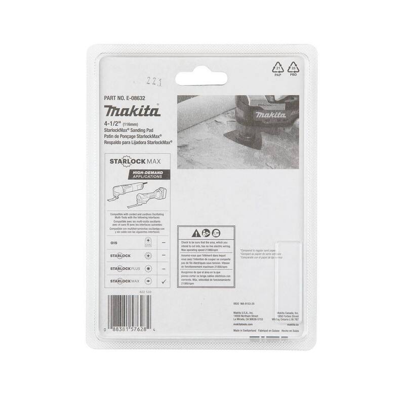 Herramienta multifuncional oscilante Makita StarlockMax de 4-1/2 pulgadas con cabezal de carburo de tungsteno de 20 granos Delta Triangle Sanding Pad - E-08632