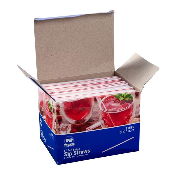 Amercareroyal Royal 5" White With Red Stripe Sip Straw, PK1000 - S1525