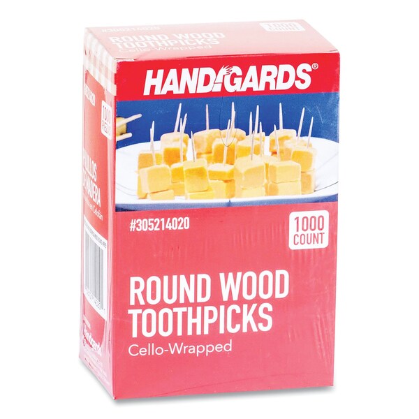 Handgards Individually Wrapped Round Wood Toothpicks, 4", Natural, 12000PK - HND14020