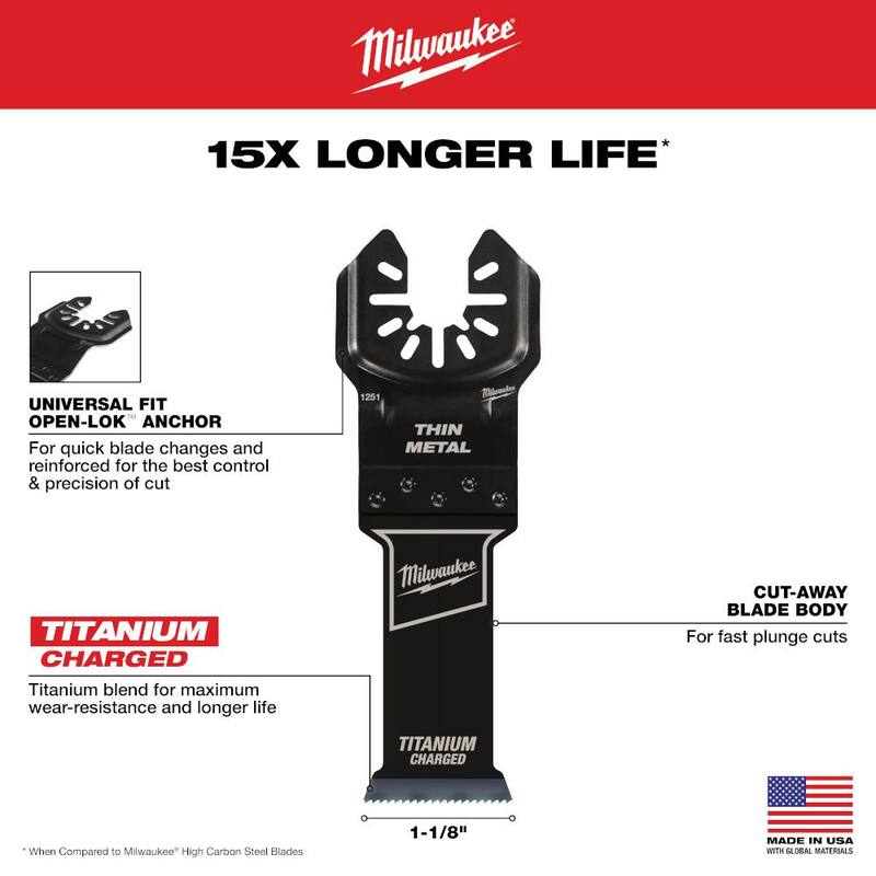 Hoja oscilante para multi-herramienta de corte de madera y metal de ajuste universal de titanio bimetálica Milwaukee 1-1/8 pulgadas (1 paquete) - 49-25-1251