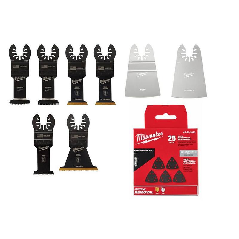 Kit de inicio de hoja de herramienta múltiple oscilante de Milwaukee con paquete variado de lija triangular de 3-1/2 pulgadas (33 piezas) - 49-10-9112-49-25-2202-49-25-2025