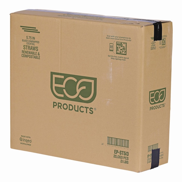 Eco-Products Unwrapped Straw, 5.75, Plastic, Black, PK20000 - EP-ST513