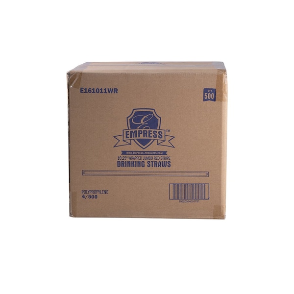 Empress Jumbo Straw Paper Wrapped 10.25 in. White w/ Red Stripe Boxed, 500PK - E161011WR