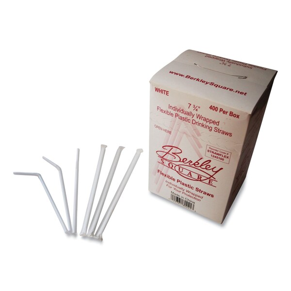 Berkley Square Individually Wrapped Straws, 7.75in, Polypropylene, White, 400PK - 1245100