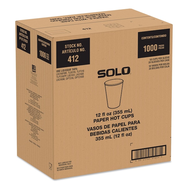 Solo Recycled Content PCF Paper Hot Cups, ProPlanet Seal, 12 oz, White/Blue, 1000PK - 412RCN-PLANET