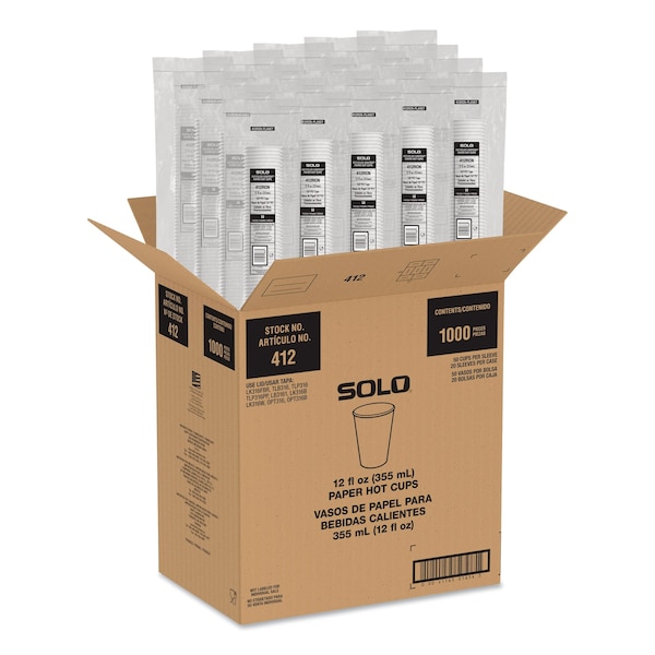 Solo Recycled Content PCF Paper Hot Cups, ProPlanet Seal, 12 oz, White/Blue, 1000PK - 412RCN-PLANET