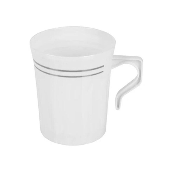Smarty Had A Party 8 oz. White with Silver Edge Rim Round Plastic Coffee Mugs (120 Mugs), 120PK - 6934-WHS-CASE