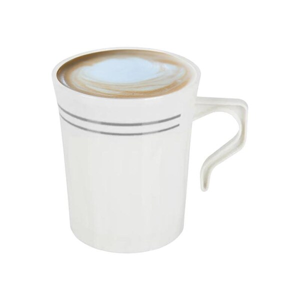 Smarty Had A Party 8 oz. White with Silver Edge Rim Round Plastic Coffee Mugs (120 Mugs), 120PK - 6934-WHS-CASE