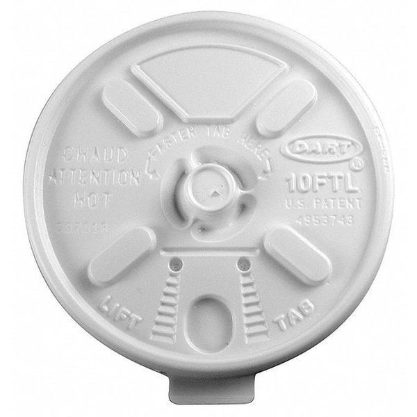 Dart Lid for 10 oz. Hot Cup, Flat, Lock Back Tear Tab, White, Pk1000 - 10FTL