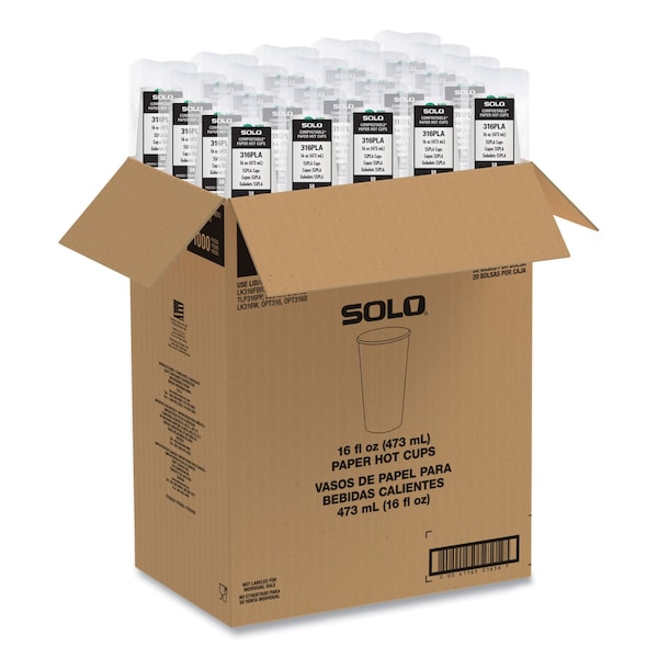 Solo Compostable Paper Hot Cups, ProPlanet Seal, 16 oz, White/Green, 1000PK - 316PLA-PLANET