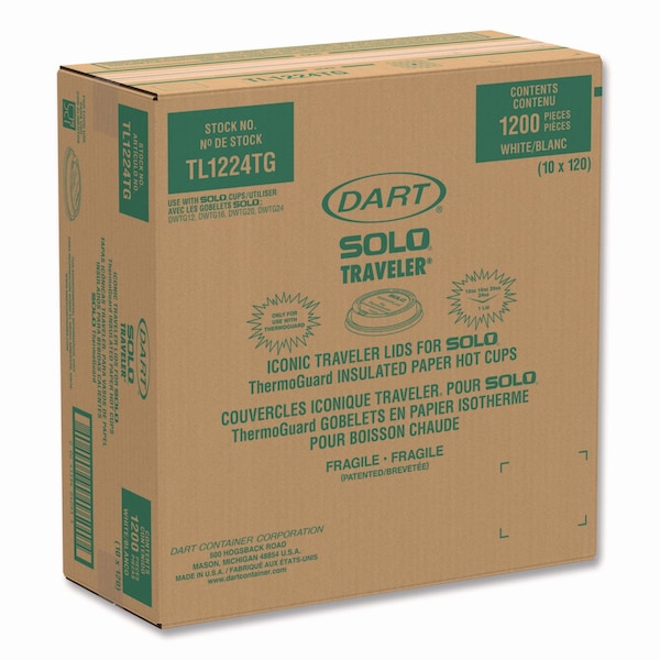 Solo Traveler Sip Through Lids for ThermoGuard Hot Cups, Fits 12, 16, 20, 24 oz, White, PK1200 - TL1224TG