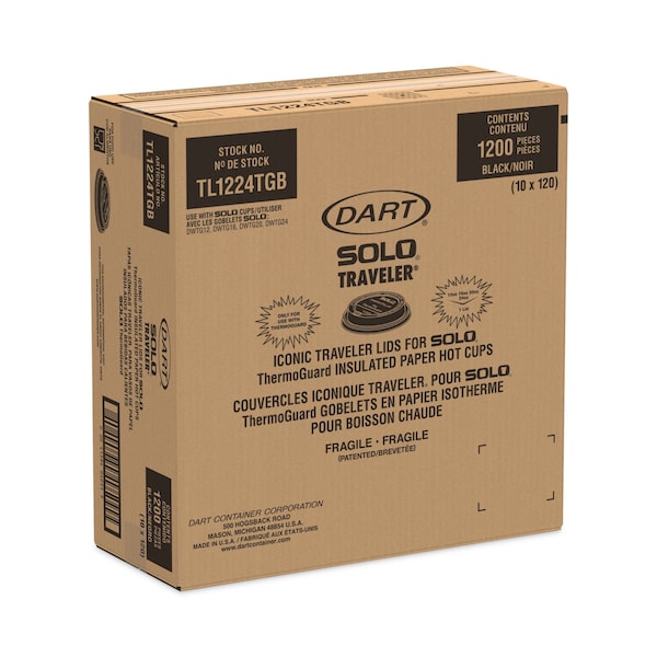Solo Traveler Sip Through Lids for ThermoGuard Hot Cups, Fits 12, 16, 20, 24 oz, Black, 1200PK - TL1224TGB