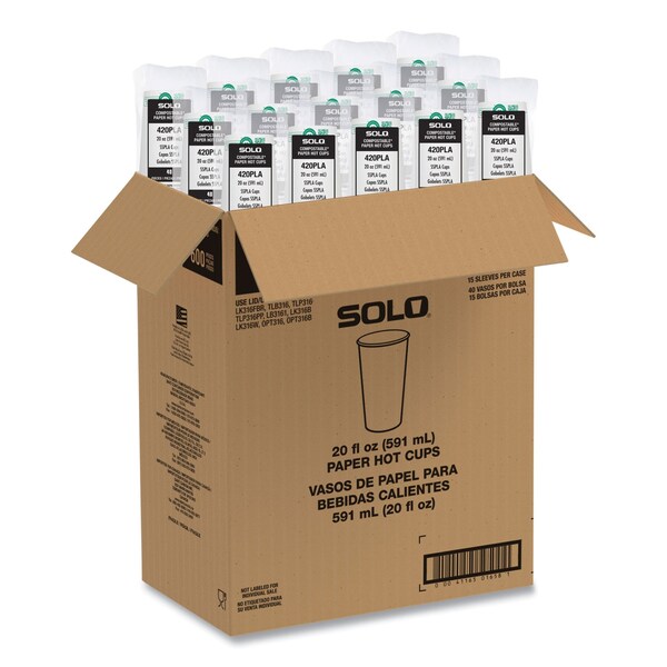Solo Compostable Paper Hot Cups, ProPlanet Seal, 20 oz, White/Green, 600PK - 420PLA-PLANET