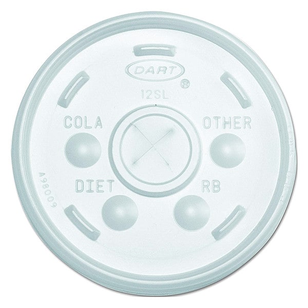 Dart Lid for 6 to 14 oz. Hot/Cold Cup, Flat, Identification Buttons, Straw Slot, Clear, Pk1000 - 12SL