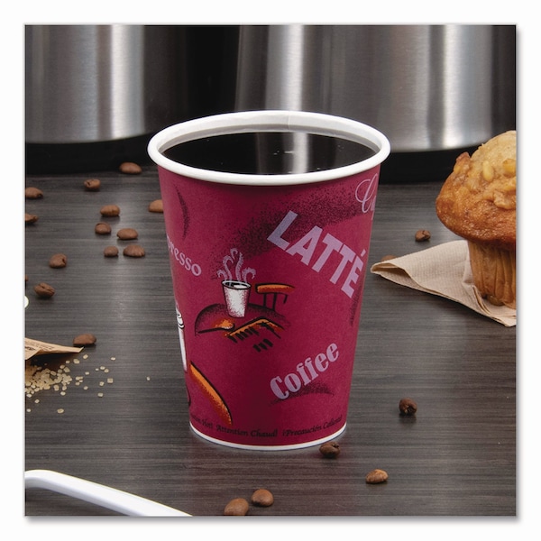 Dart Paper Hot Drink Cups in Bistro Design, 12 oz, Maroon, PK300 - OF12BI-0041