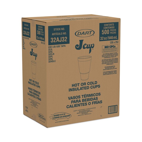 Dart Foam Drink Cups, 32 oz, Tapered Bottom, White, 500PK - 32AJ32