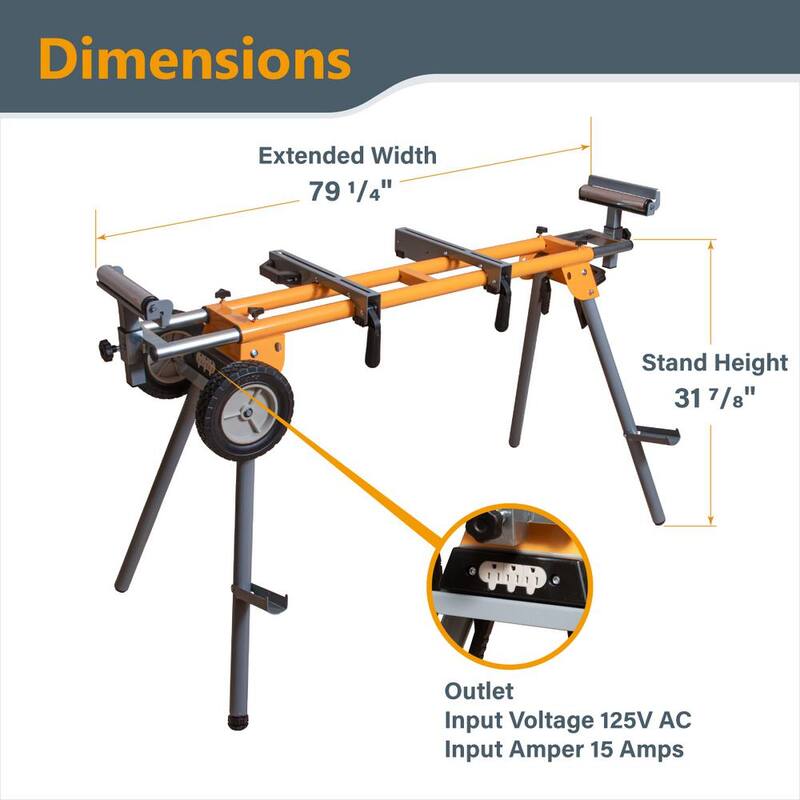 Soporte para sierra ingletadora deluxe de POWERTEC con ruedas y toma de corriente de 110 voltios - MT4000