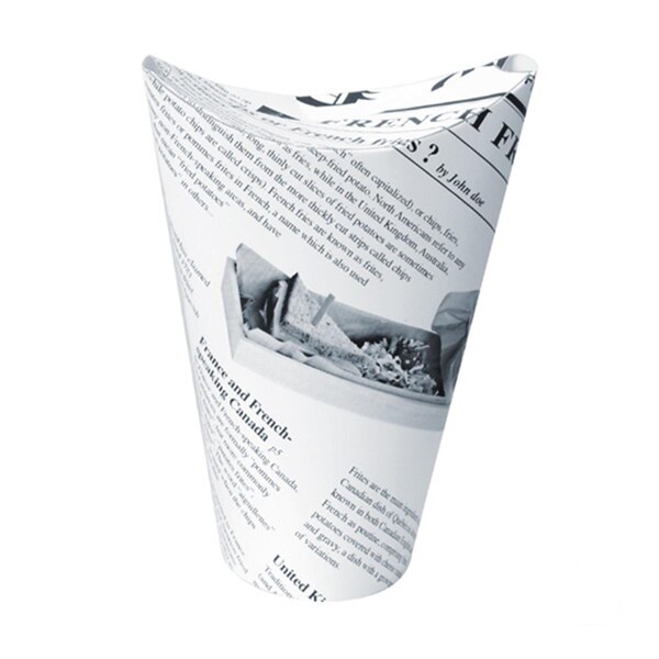 Packnwood 10 oz Happy Fries Newsprint Closable Perforated Snack Cup, 2.36 x 5.5 in. - 210TPASK16