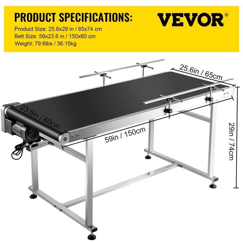 Transportador de banda VEVOR 59 pulg. L x 26 pulg. A x 30 pulg. A Transportador motorizado con doble barandal Soporte universal estacionario - PDSSJ150X60SX0001V1