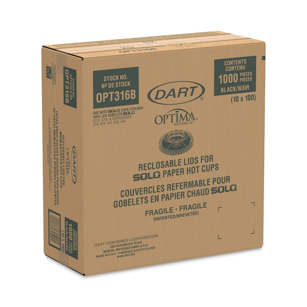 Dart Optima Reclosable Lids for Paper Hot Cups 10-24 oz, Black, PK1000 - OPT316B
