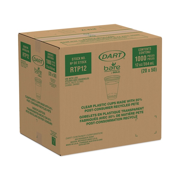 Dart Bare Eco-Forward RPET Cold Cups, 12-14 oz, Clear, PK1000 PK - RTP12BARE