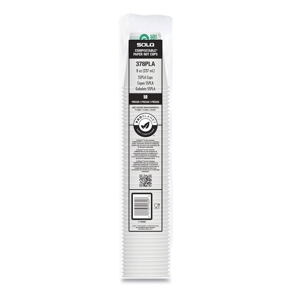Solo Compostable Paper Hot Cups, ProPlanet Seal, 8 oz, White/Green, PK1000 - 378PLA-PLANET