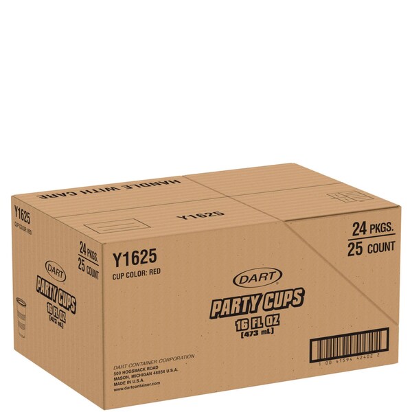Dart SOLO Party Plastic Cold Drink Cups, 16 oz, Red, 600PK - Y1625-0001
