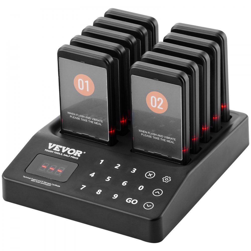 VEVOR Restaurant Pager System, Wireless 400m Long Range Lineup Waiting Queue Signal, Guest Customer Calling Beepers with Vibration & Flashing, 10 Buzzers for Food Truck, Church, Nursery, Hospital - DCPQCQFX10HSUWM3LV1