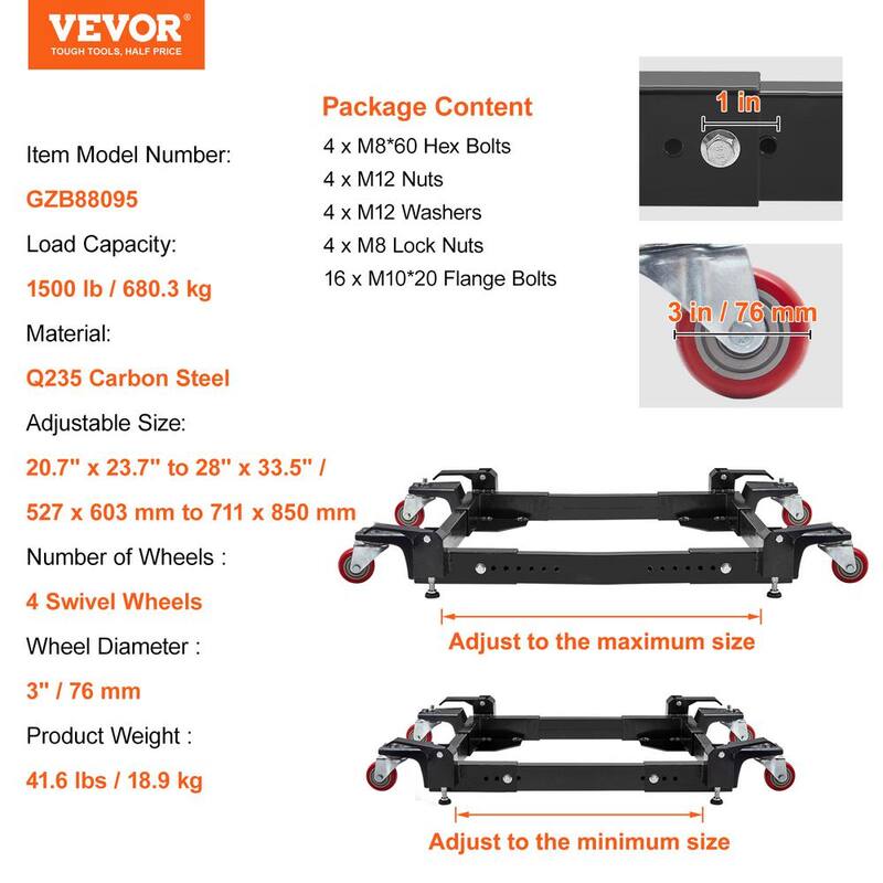 Base móvil de acero VEVOR 21 in. x 24 in. a 28 in. x 34 in. con 4 ruedas giratorias Soporte universal de servicio pesado 1500 lbs. de capacidad - YDDZ1500LBS2MQ7RQV0