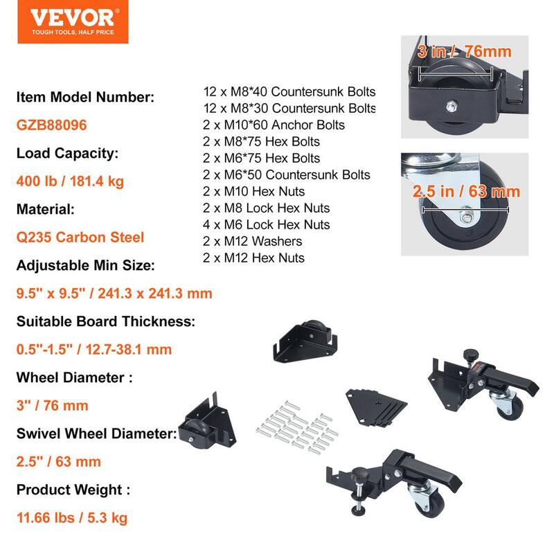 Base móvil VEVOR, Capacidad de peso de 400 lbs., Ajustable de 9.5 x 9.5 pulgadas a Infinito, Soporte universal de base móvil resistente - JJYDDZ400LBSQQG4FV0