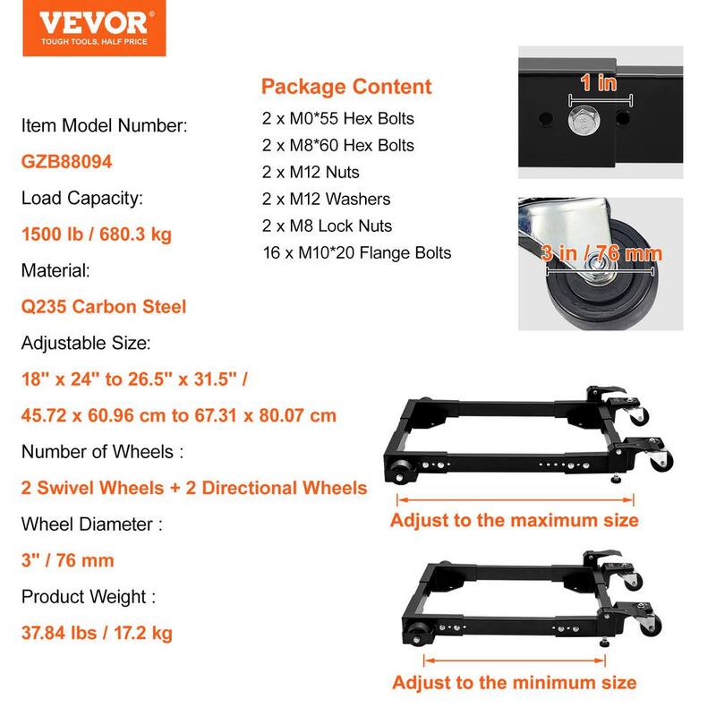 Base Móvil VEVOR, Capacidad de 1500 lbs., Ajustable de 18 x 24 pulgadas a 26.5 x 31.5 pulgadas. Soporte de Base Móvil Universal Resistente - JJYDDZ1500LBNTWJXV0