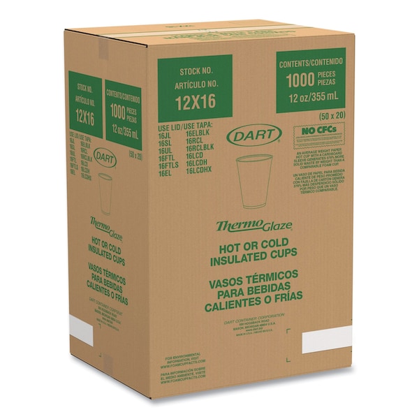 Dart Cafe G Foam Hot/Cold Cups, 12oz, White w/Brown & Red, PK1000 - 12X16G