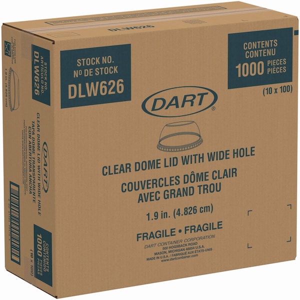 Dart Open-Top Dome Lid for 16-24oz Plastic Cup, Clear, 1.9"Dia Hole, PK1000 - DLW626