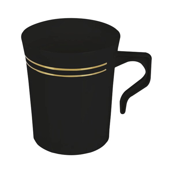Smarty Had A Party 8 oz Black with Gold Edge Rim Round Plastic Coffee Mugs 120 Mugs, 120PK - 6934-BKG-CASE