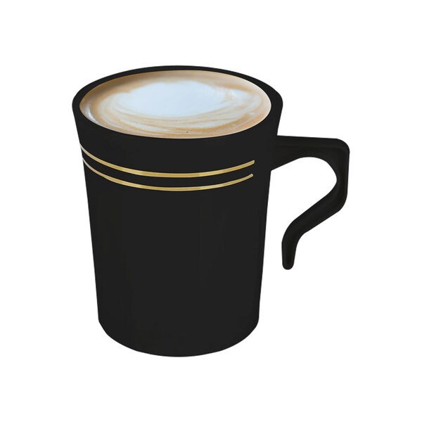 Smarty Had A Party 8 oz Black with Gold Edge Rim Round Plastic Coffee Mugs 120 Mugs, 120PK - 6934-BKG-CASE