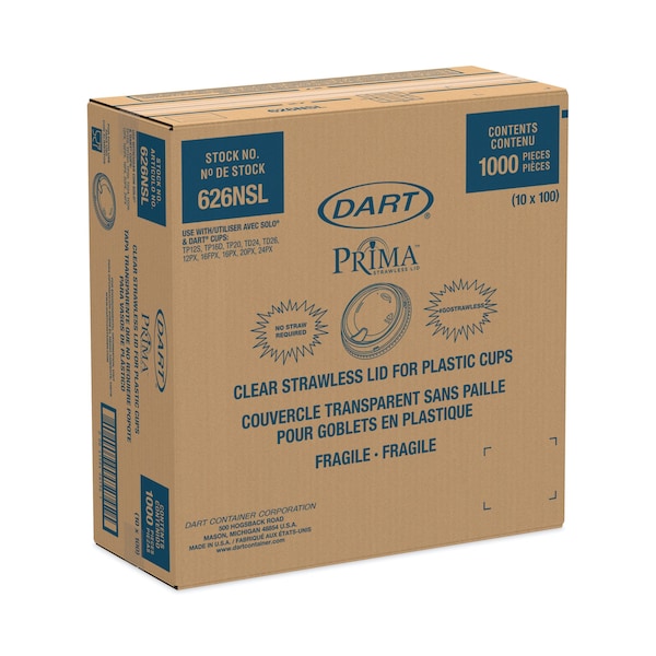 Dart Prima Strawless Plastic Lids, Fits 12-26 oz Cups, Clear, PK1000 - 626NSL