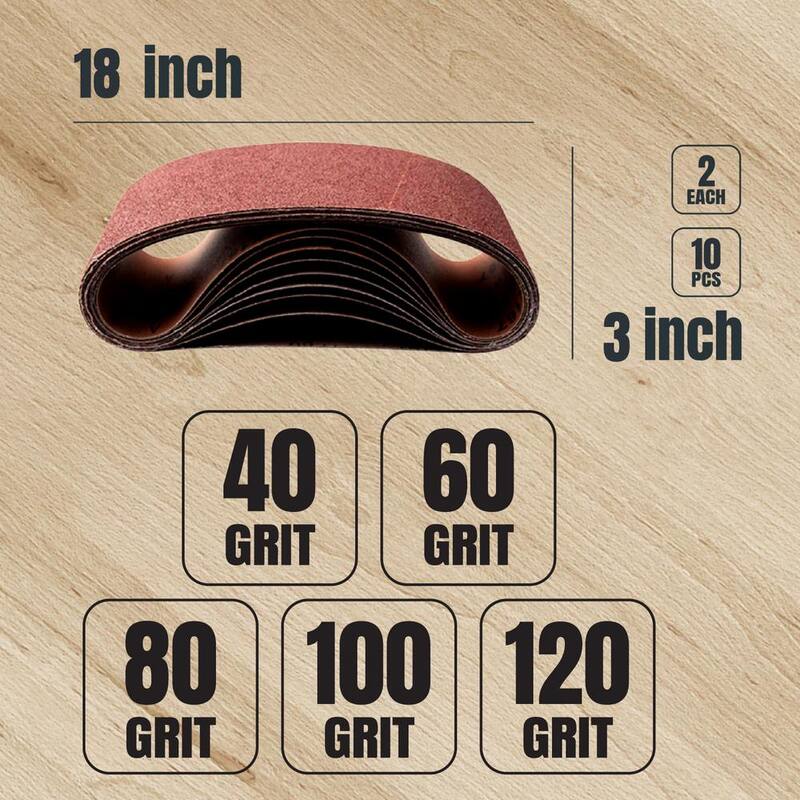 POWERTEC Juego de bandas de lija de óxido de aluminio de 3 pulgadas x 18 pulgadas con grano de 40/60/80/100/120 para lijadora de banda portátil (paquete de 10) - 110801