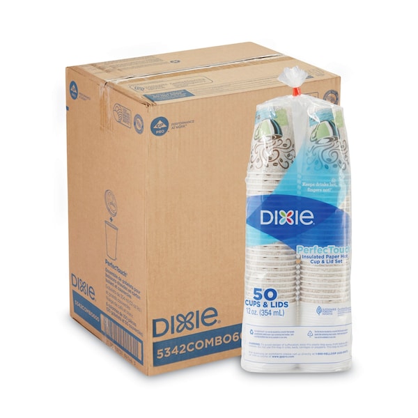 Dixie PerfecTouch Paper Hot Cups and Lids Combo, 12 oz, Coffee Haze Design, PK300 - DIX 5342COMBO600