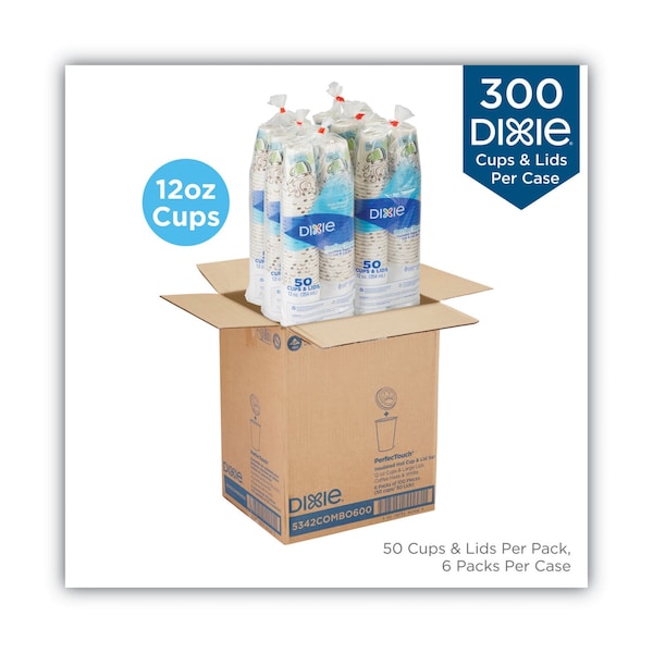 Dixie PerfecTouch Paper Hot Cups and Lids Combo, 12 oz, Coffee Haze Design, PK300 - DIX 5342COMBO600