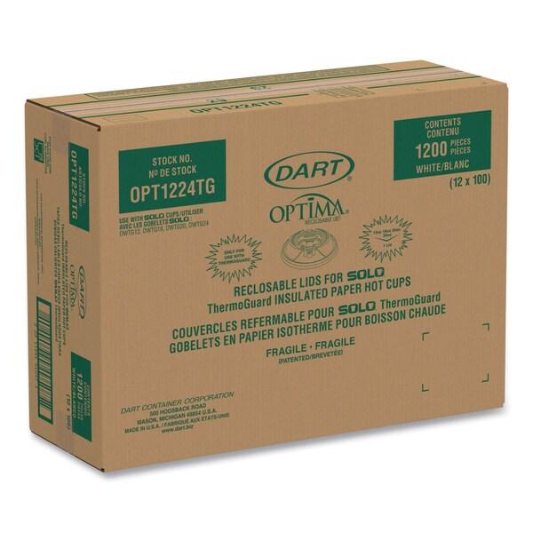 Dart Optima Reclosable Lids for Paper Hot Cups, Fits 12 oz to 24 oz Cups, White, 1200PK - OPT1224TG
