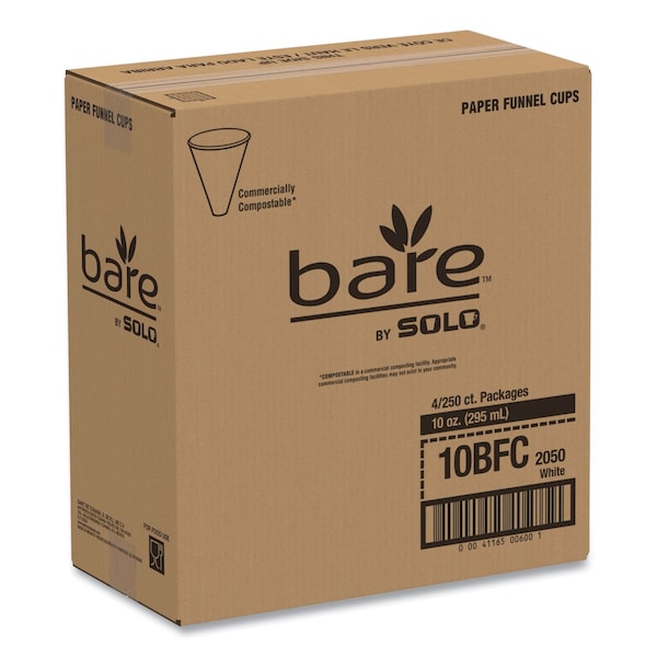 Dart Bare Eco-Forward Treated Paper Funnel Cups, 10oz. White, PK1000 PK - 10BFC-2050