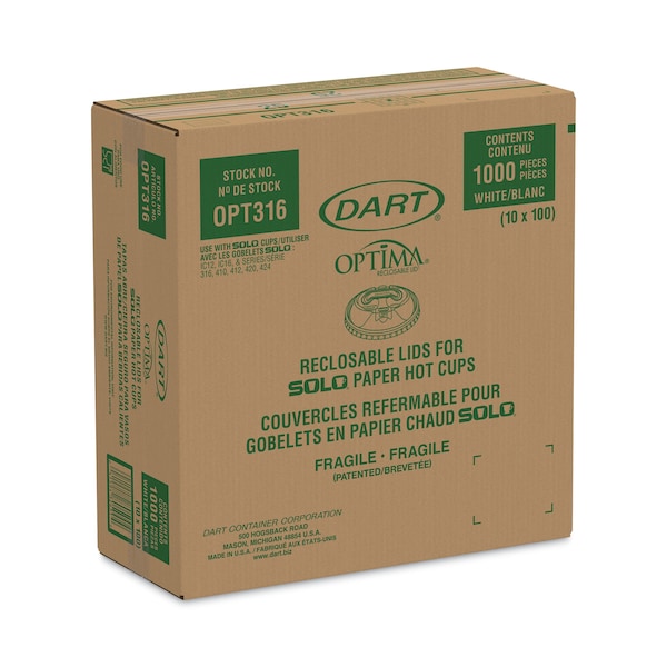 Dart Optima Reclosable Lids for Paper Hot Cups 10-24 oz, White, PK1000 - OPT316