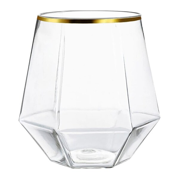 Smarty Had A Party 12 oz Clear with Gold Rim Hexagonal Stemless Plastic Wine Goblets 64 Glasses, 64PK - 3712-SBG-CASE