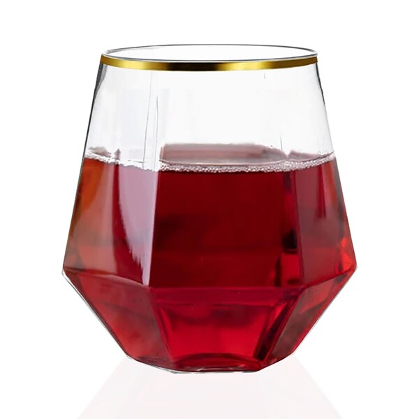 Smarty Had A Party 12 oz Clear with Gold Rim Hexagonal Stemless Plastic Wine Goblets 64 Glasses, 64PK - 3712-SBG-CASE